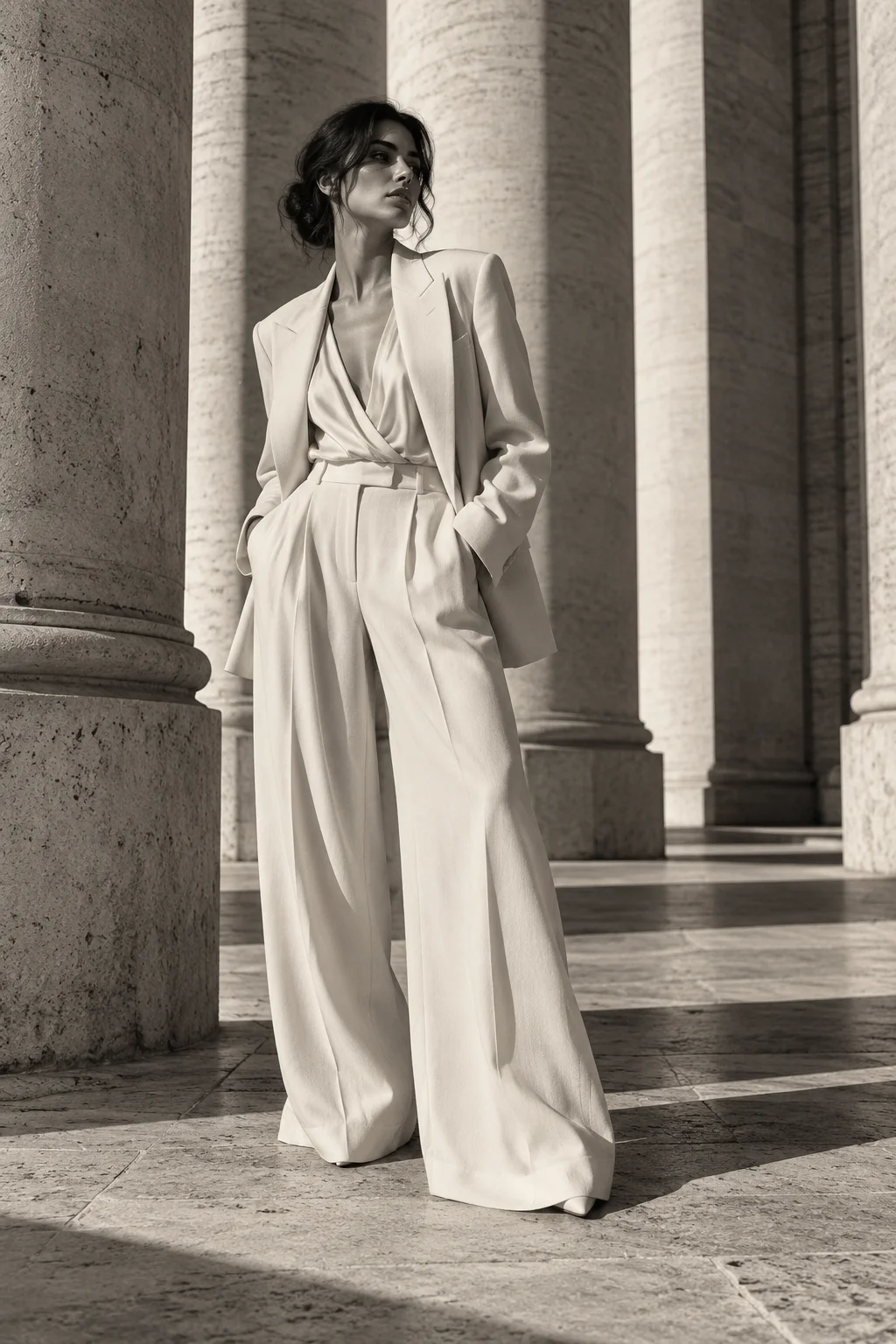 Conceptual editorial in sculptural ivory tailoring among stone columns