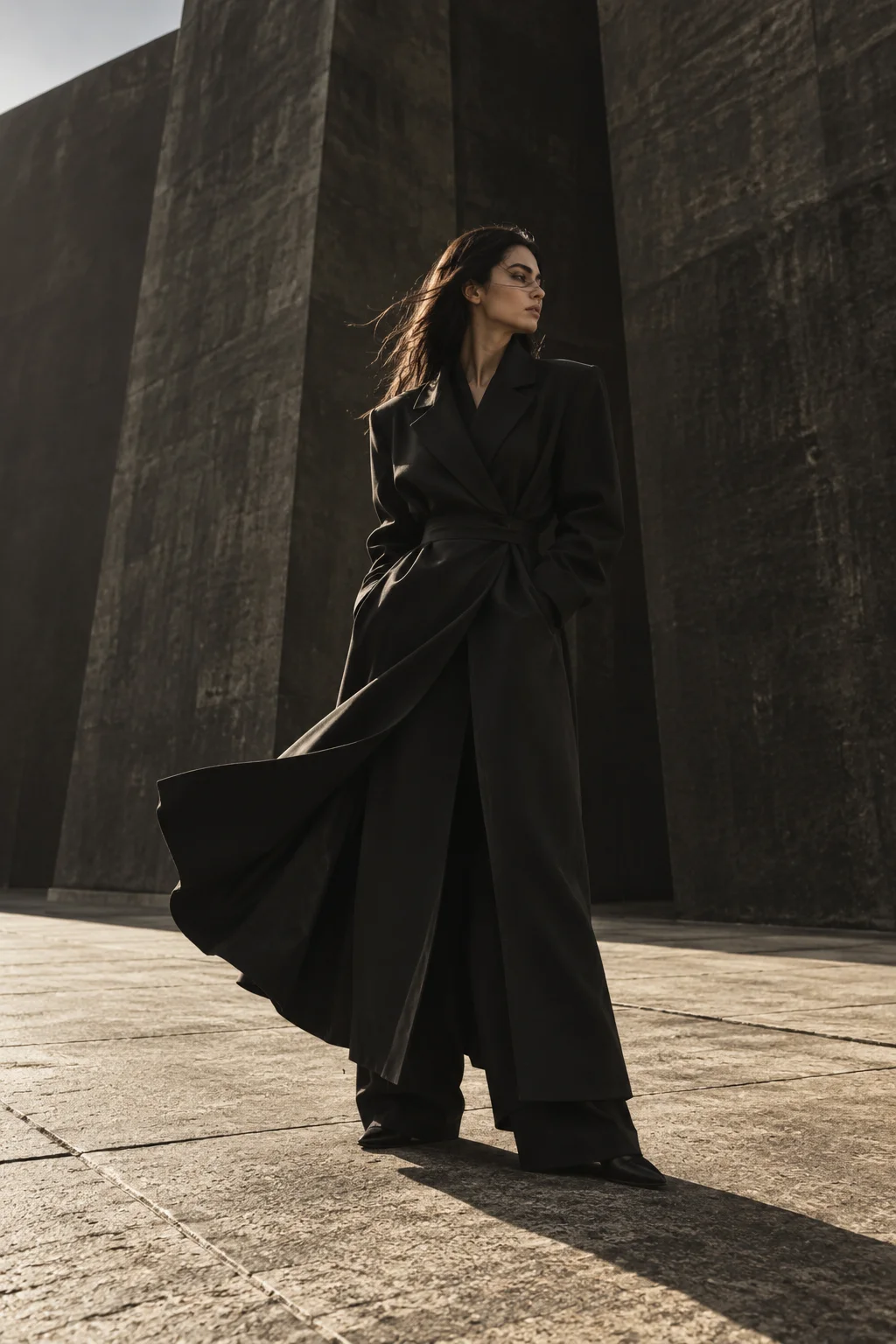 Conceptual editorial: a flowing black silhouette in architectural shadow